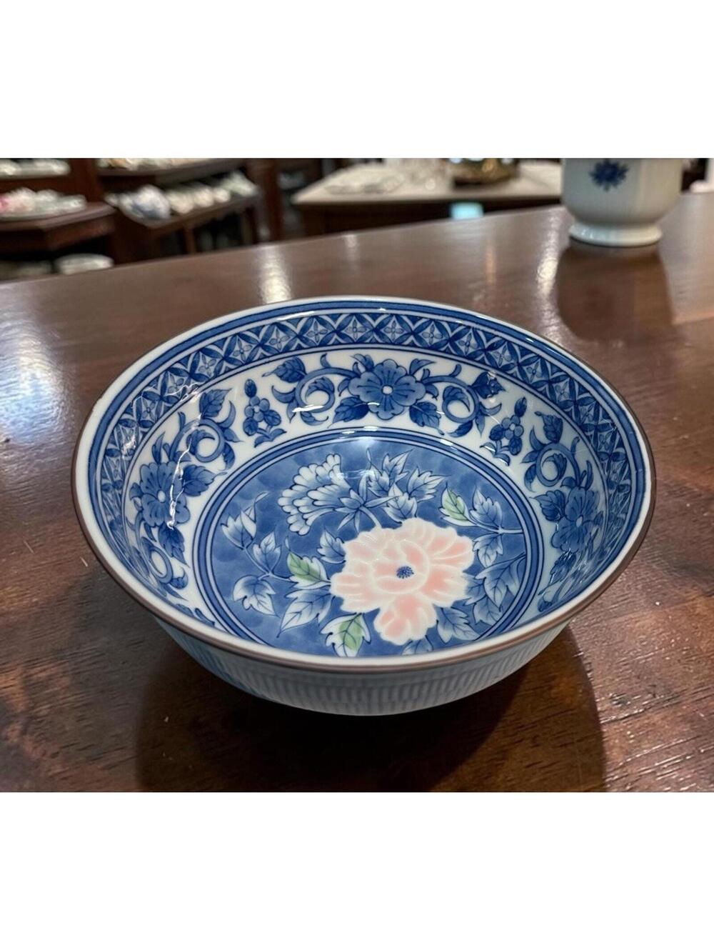 Andrea by Sadek Oriental Bowl Ceramic Blue & White With Pink Flower 7" Vintage
